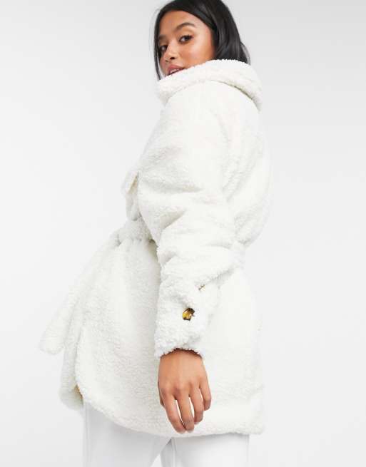 Missguided Petite longline belted jacket in cream | ASOS