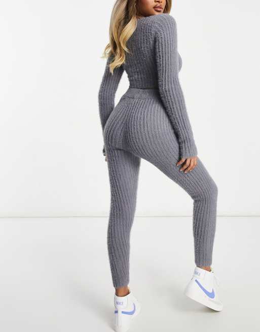 Missguided loungewear fluffy ribbed legging in stone- part of a set