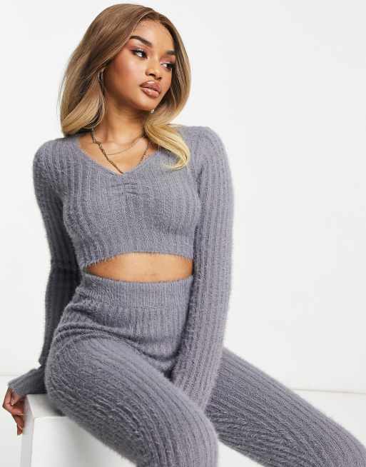 Missguided Petite loungewear co-ord fluffy ribbed legging in grey, ASOS