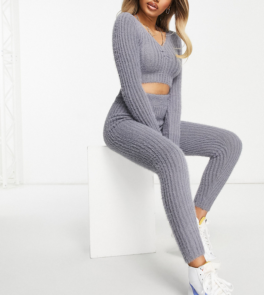 Missguided Petite loungewear fluffy ribbed legging in gray - part of a set-Grey