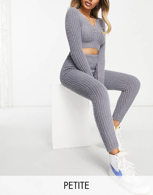 Missguided Petite loungewear fluffy ribbed legging in gray - part of a set
