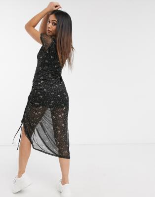 mesh ruched midi dress