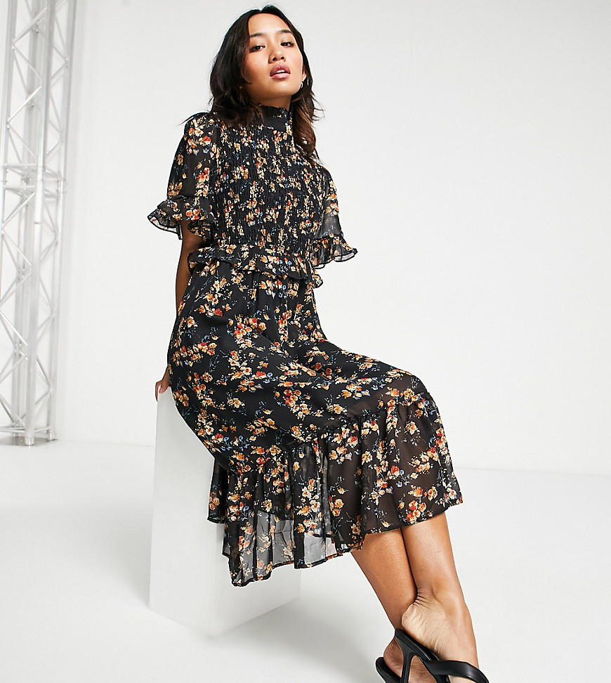 Missguided Petite midi dress with high neck in black floral