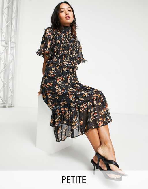 Missguided Petite midi dress with high neck in black floral