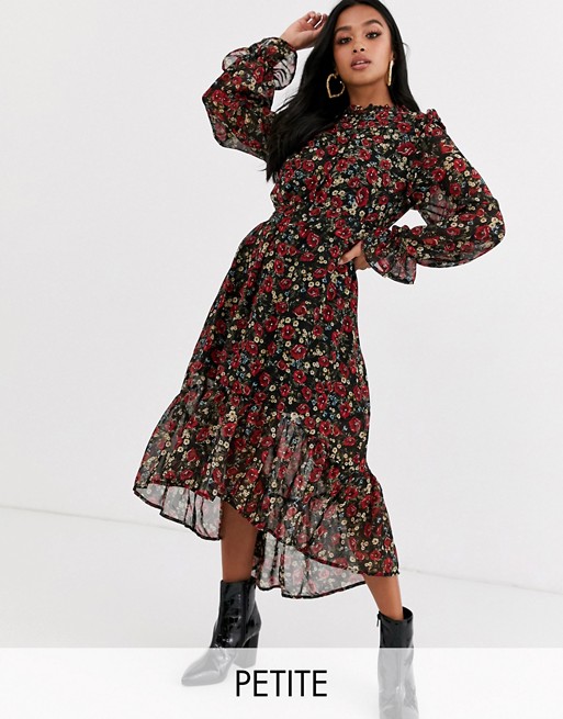 Missguided Petite midi smock dress with frill sleeves in floral print