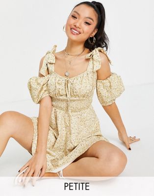 Missguided Petite milkmaid dress with shoulder tie in lemon - ASOS Price Checker