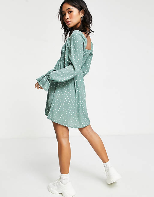  Missguided Petite milkmaid mini dress with shirred bust in sage polka 