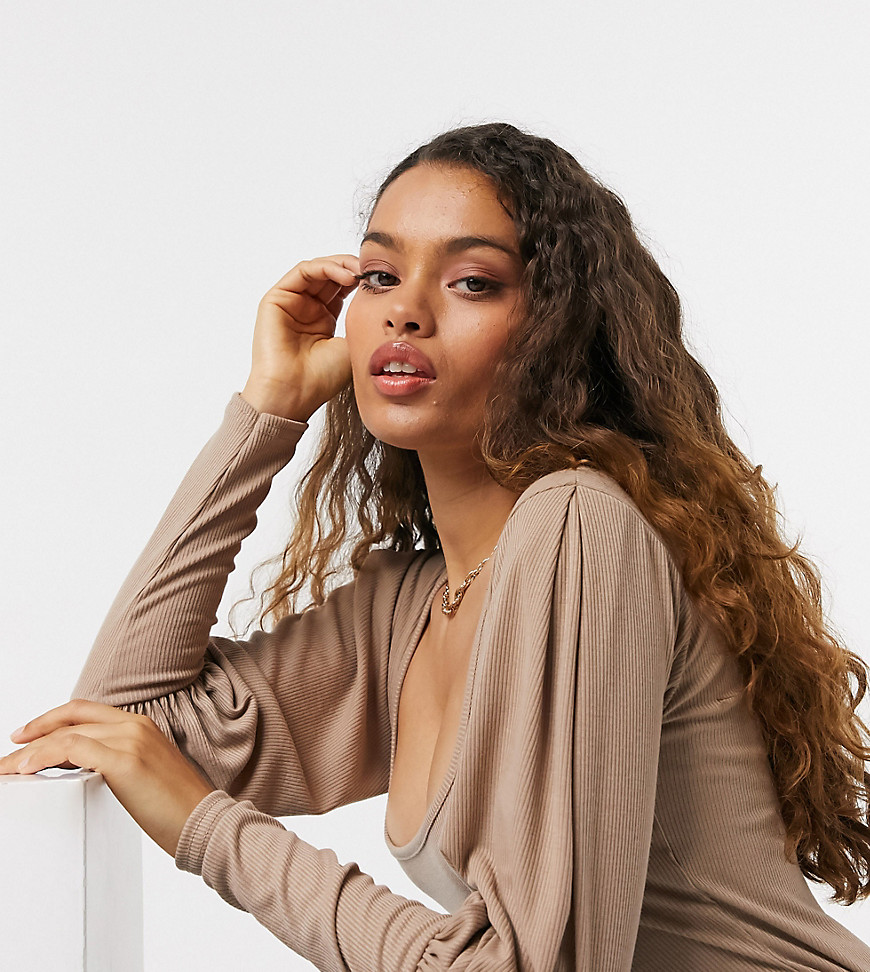 Missguided Petite milkmaid top with square neck in light brown-Pink