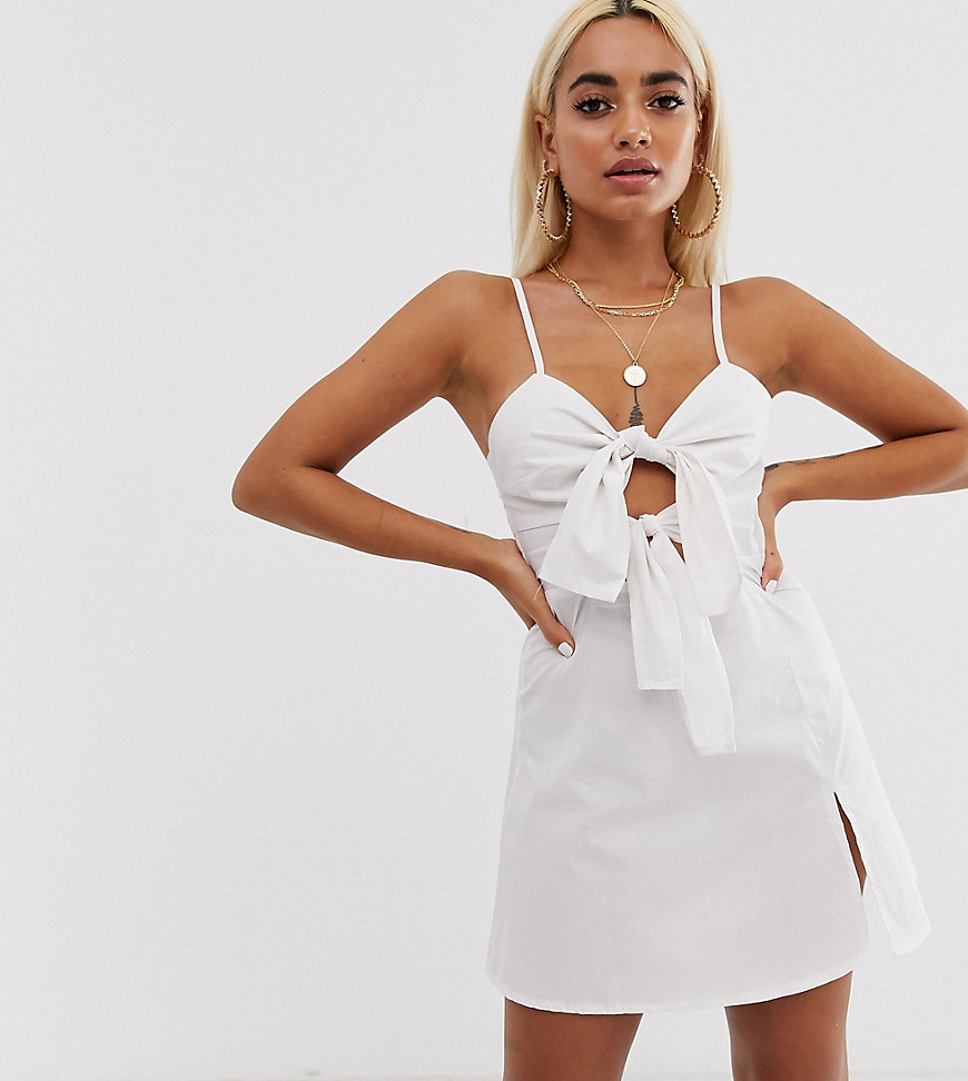 Missguided Petite mini dress with double tie front in white