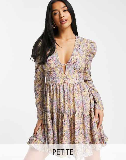 Missguided Petite - Mini-jurk met pofmouwen en fijne print in zwart