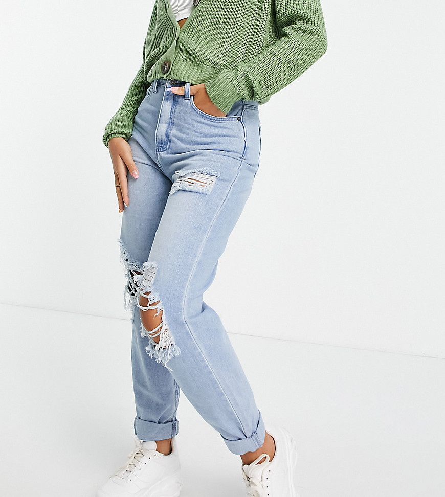 Missguided Petite mom jeans with knee rips in lightwash blue-Blues