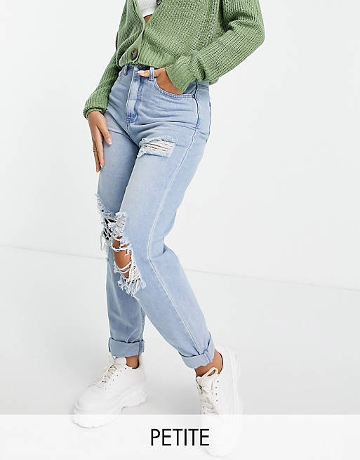 Missguided Petite mom jeans with knee rips in lightwash blue 