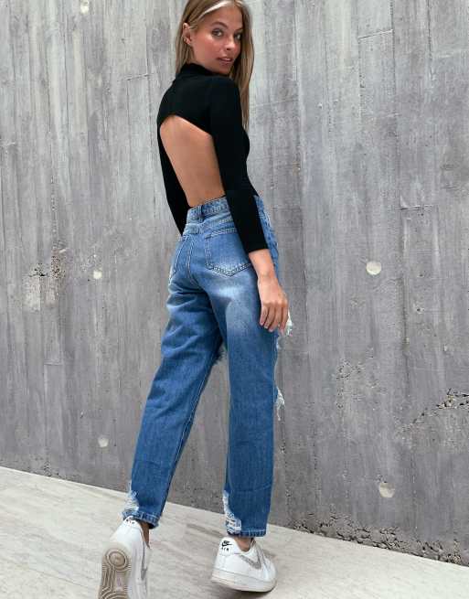 Missguided Petite – Niebieskie mom jeans z rozdarciami, 2 z 4