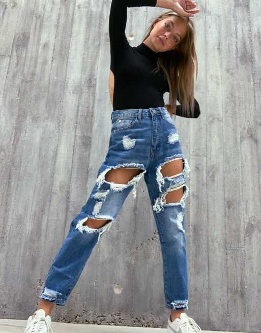 Missguided Petite – Niebieskie mom jeans z rozdarciami, 4 z 4