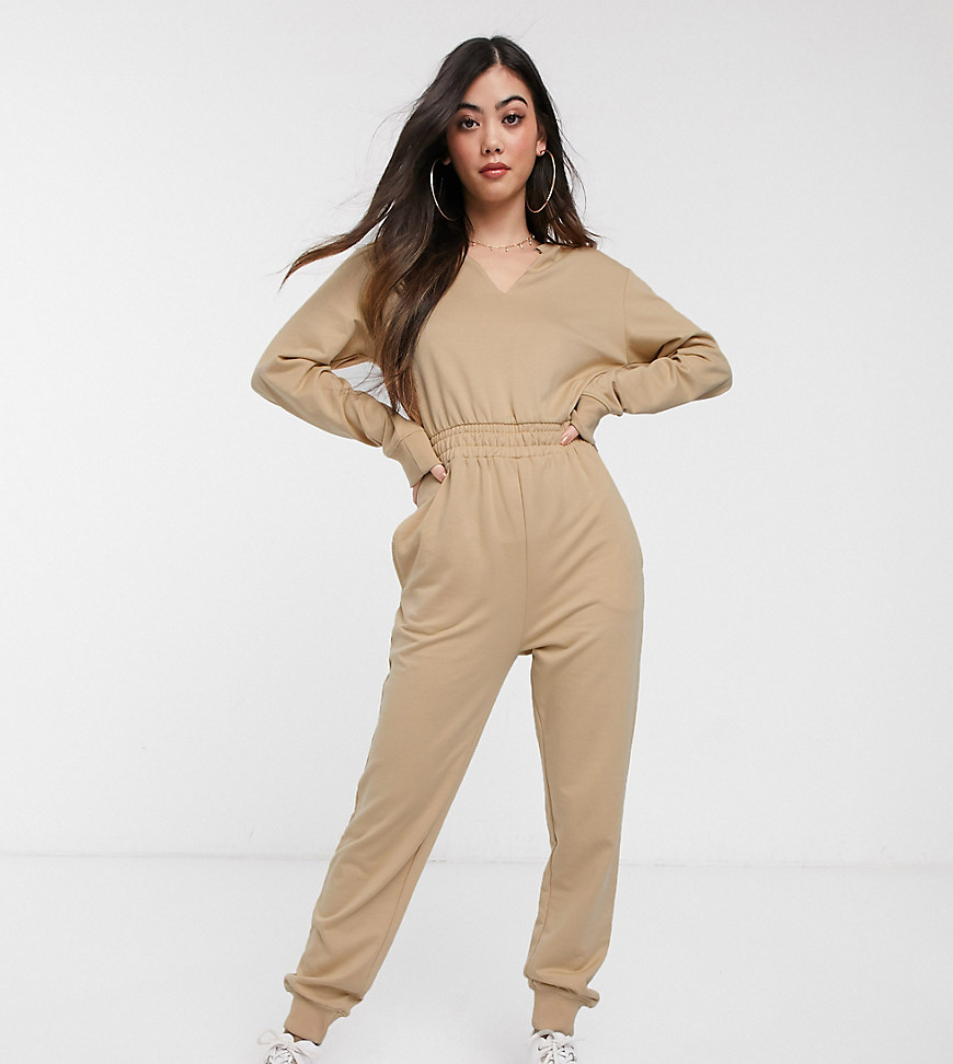 Missguided Petite notch neck jumpsuit in sand-Neutral
