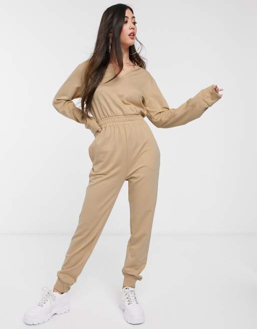 Missguided Petite notch neck jumpsuit in sand