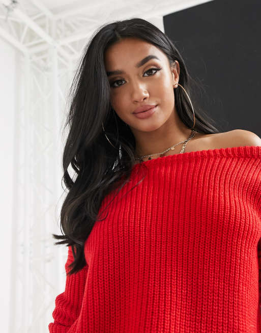 Missguided Petite off shoulder jumper in red ASOS