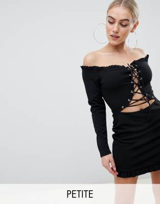 Missguided Petite off shoulder lace up bodycon dress in black-Brown