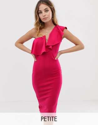 Missguided Petite one shoulder plunge midi dress with frill trim in hot pink