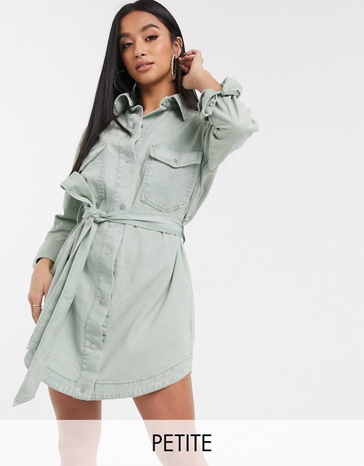 Missguided Petite oversized belted denim shirt dress in sage