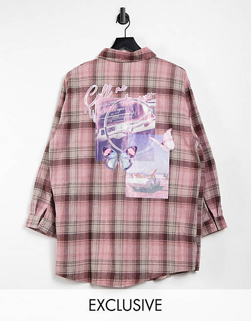 Tops Shirts & Blouses/Missguided Petite oversized check shirt with graphic in pink 