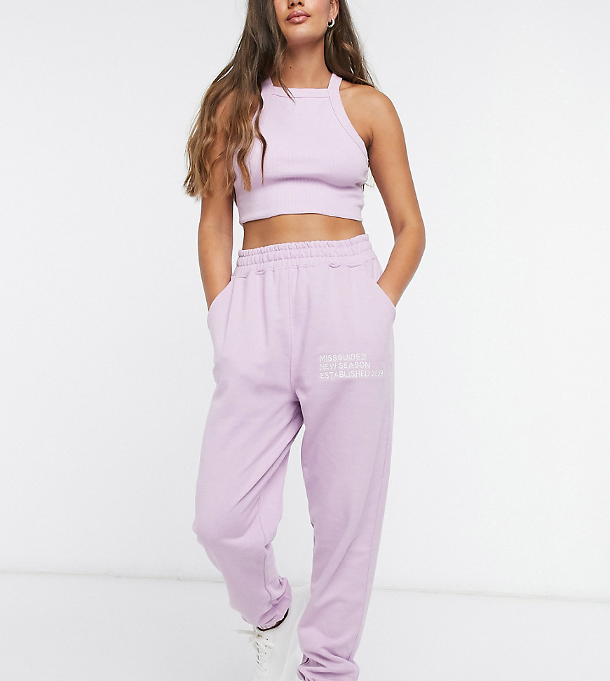 Missguided Petite oversized embroidered sweatpants in lilac - part of a set-Purple