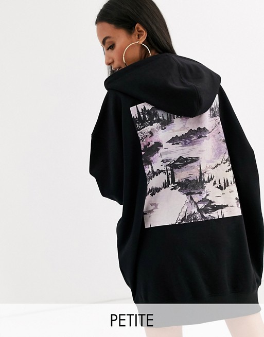 Missguided Petite oversized hoodie dress with back print in black