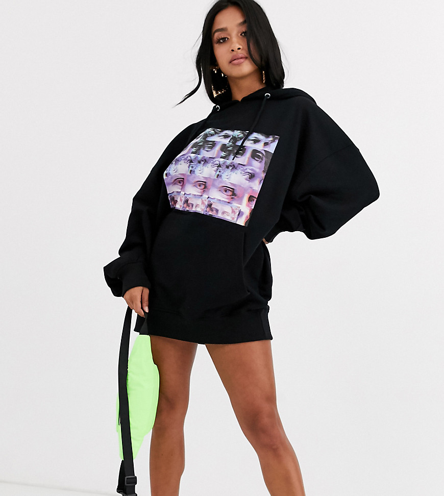 Missguided Petite oversized hoodie dress with chest print-Black
