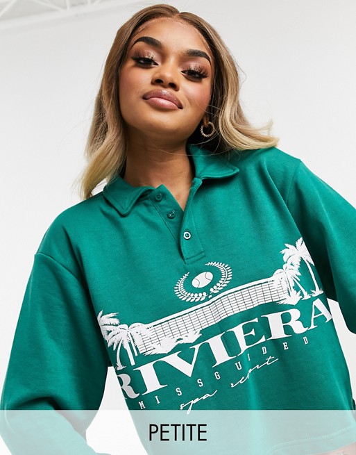 Missguided Petite oversized sweatshirt with polo neck in dark green