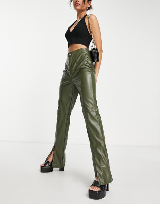 Missguided Petite Pantalon imitation cuir fendu l ourlet Kaki