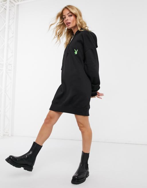 Missguided Petite Playboy oversized hoodie dress in black