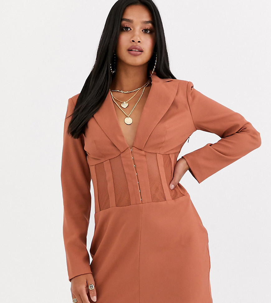 Missguided Petite plunge blazer dress with fishnet panels in rose-Pink