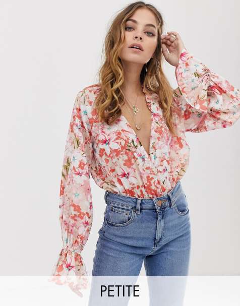 Missguided Petite plunge bodysuit in pink floral print with frill cuffs