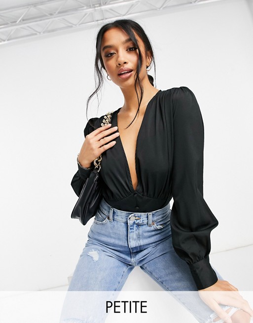 Missguided Petite plunge bodysuit with covered buttons in black