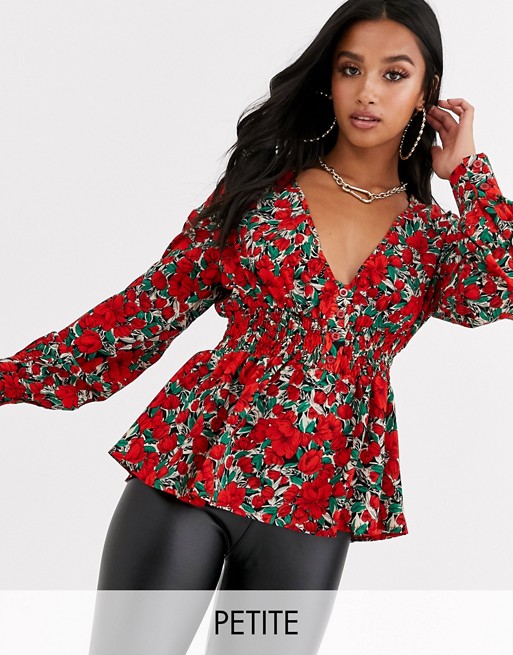Missguided Petite plunge shirred waist blouse in floral print