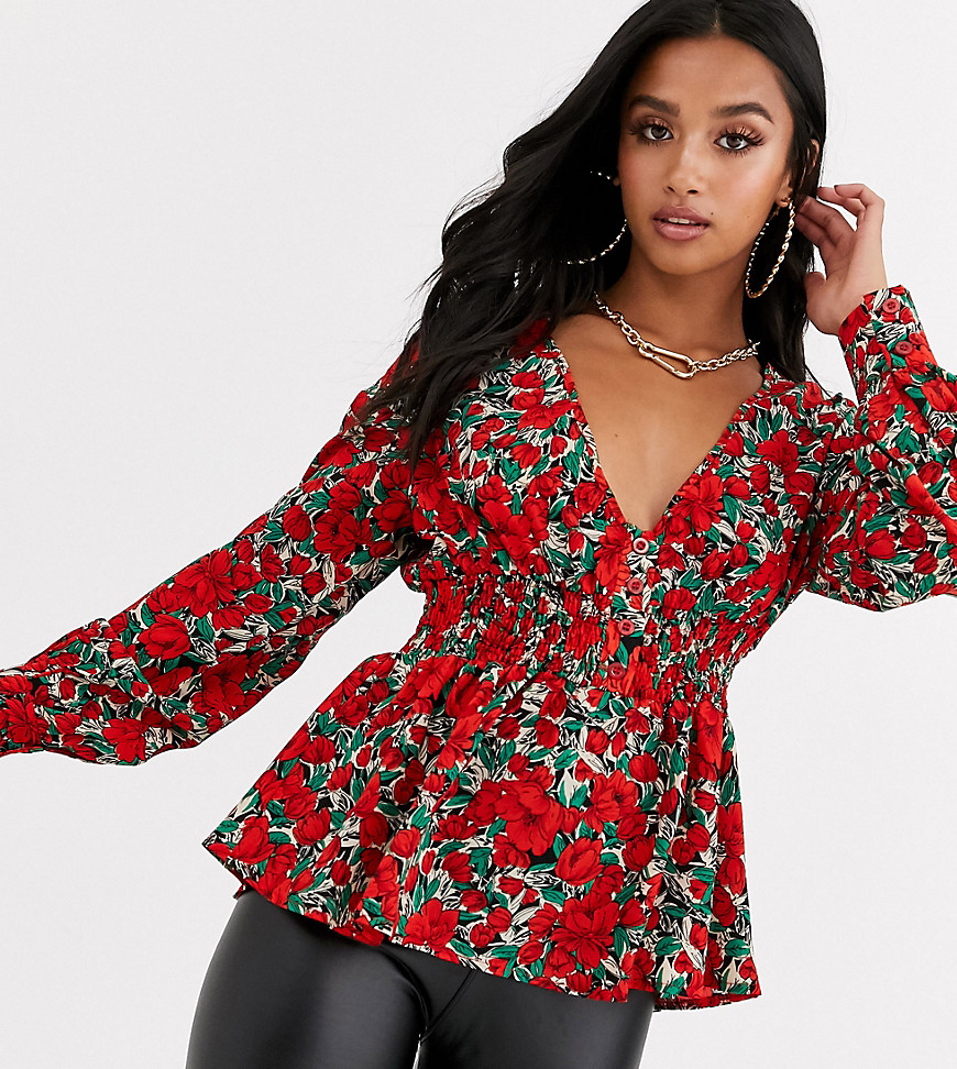 Missguided Petite plunge shirred waist blouse in floral print-Multi