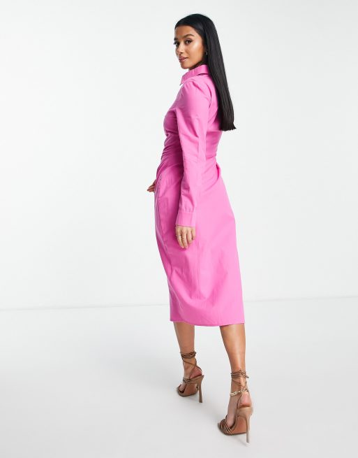 pink ruched shirt dress Missguided Petite poplin midaxi shirt dress with ruched detail in hot pink