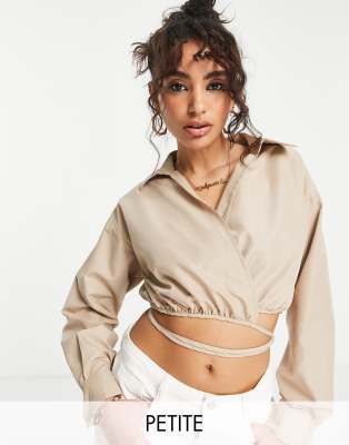 Missguided Petite Missguided Petite poplin wrap waist crop shirt in sand-Neutral
