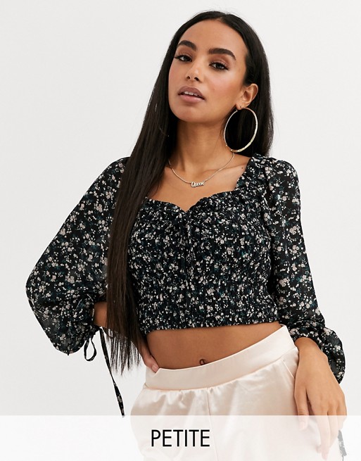 Missguided Petite puff sleeve tie front top in black floral