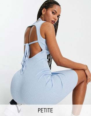 Missguided Petite ribbed backless midi dress with high neck in blue