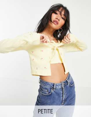 ribbed cardigan & cami crop top set in yellow floral