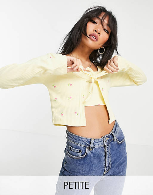  Missguided Petite ribbed cardigan & cami crop top set in yellow floral 