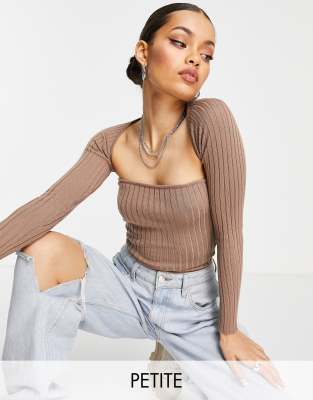 Missguided Petite ribbed crop shrug & top set in brown