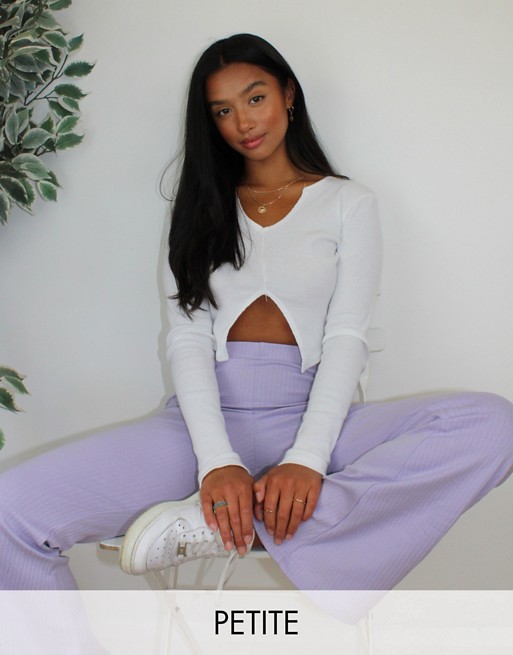 Missguided Petite ribbed flare trousers in lilac