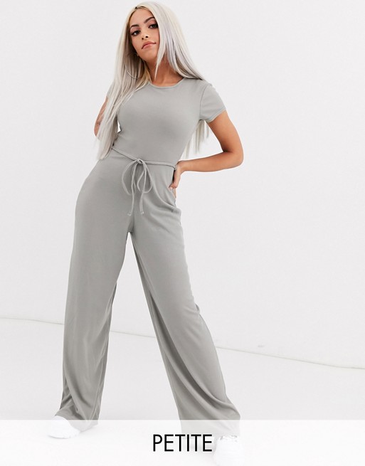 Missguided Petite ribbed jumpsuit with tie waist in grey