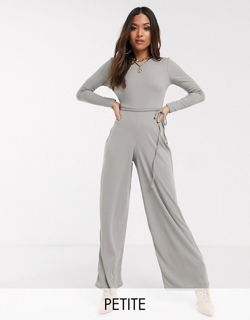 Missguided Petite ribbed jumpsuit with tie waist in grey