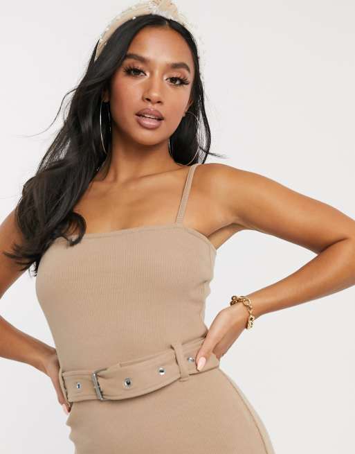 Missguided high neck ribbed belted dress in outlet beige