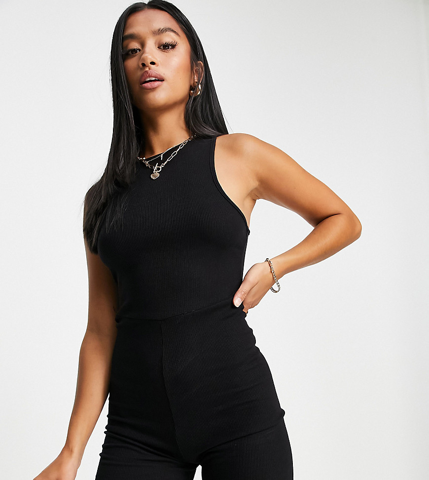 Missguided Petite ribbed racer neck unitard in black