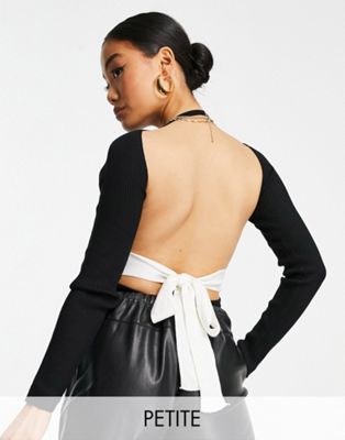 Missguided Petite ribbed tie back body in black