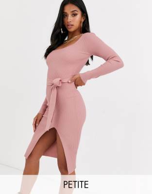 Missguided Petite ribbed tie waist midi dress in pink